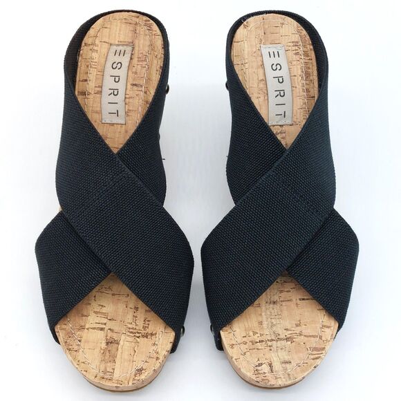 Esprit Black Cork Wedge Slide Sandals Women’s Sz 9M Criss Cross Canvas Platform - Picture 3 of 11